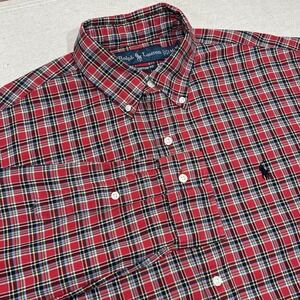Ralph Lauren Mens Medium Custom Fit Button Up Shirt Red Plaid Colorful Pony Logo